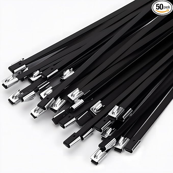 Black Metal Zip Ties, 11.8inch 50pcs 304 Stainless Steel Zip Ties, Uv Resistant Chain Link Fence Ties for Machinery, Exhaust Wrap, Farm, Pipe, Roof, Cable, and Outdoor Fences