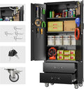 71.2" H Metal Garage Storage Cabinet with Wheels, Tool Storage Cabinets with 2 Lockable Doors and 2 Drawers for Garage Office School Home Warehouse Utility Room, Assembly Required,Black