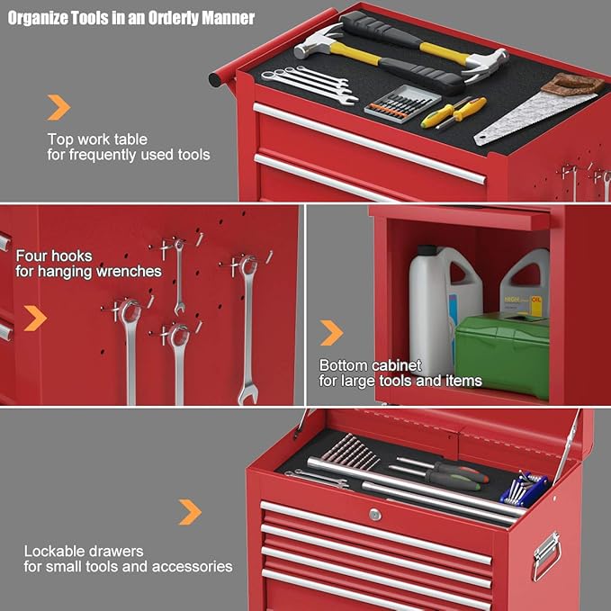 S AFSTAR 6-Drawer Rolling Tool Chest, High Capacity Tool Storage Cabinet with 4 Hooks, Locking System and Universal Wheels, 2-in-1 Detachable Large Toolbox for Garage Workshop (Red)