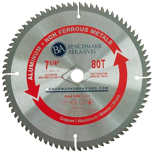 Benchmark Abrasives TCT 7-1/4 Inch Circular Saw Blade, Tungsten Carbide Tipped Non Ferrous Metal Cutting Saw Blades for Cutting Plastic, Fiberglass, PVC, Aluminum Cutting Blade - ‎(7-1/4" - 80 Teeth)