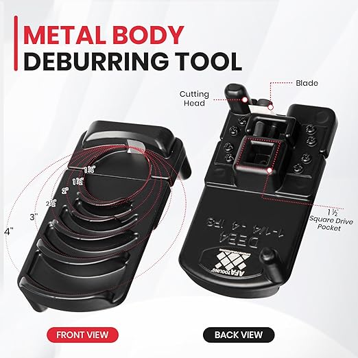 AFA Tooling - Metal Body Deburring Tool, PVC Chamfer Tool for Plastic Pipe with 1/2" Square Drive Pocket, Creates Smooth 15° Chamfered Edges, Reamer for 6 Pipe Sizes from 1-1/4" to 4", Chamfering Tool