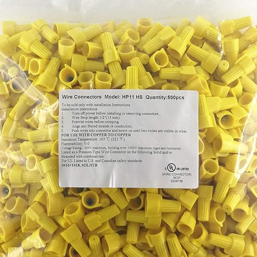UL Listed Yellow Winged Electrical Wire End Connectors Caps Bulk 500 Pack Small Twist-on Wire Connectors Nuts 18-10 AWG,HS P11 Type Screw Terminals