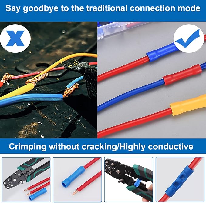 smseace 210PCS Wire Butt connectors with Wire stripper crimping tool22-10AWG Butt Splice Connectors Insulated Electrical Butt connectors Straight Wire Terminal Connectors
