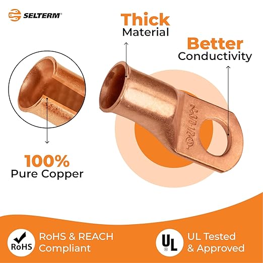 SELTERM 25pcs 3/0 AWG 1/2" Stud Battery Lugs, Ring Terminals, Heavy Duty Copper Wire Lugs, Battery Cable Ends, 000 Gauge Ring Terminal Connectors, UL Bare Copper Eyelets Electrical Battery Cable Lugs