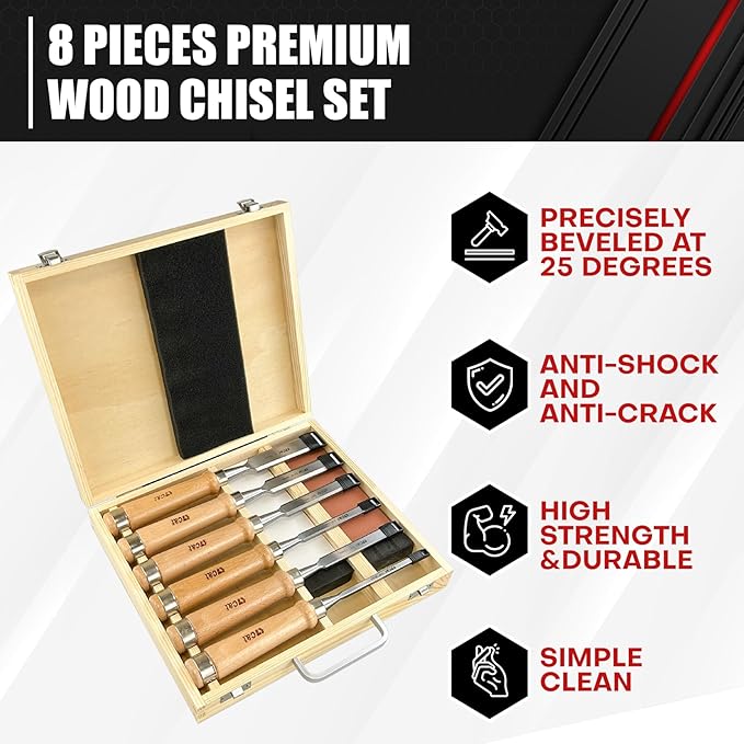 C&T 8 Pieces Premium Wood Chisel Set with Wooden Case,6 Pieces Wood Chisel with 2 Sharpening Stone,Woodworking Carving Chisel Kit,Chrome Vanadium Steel Chisel