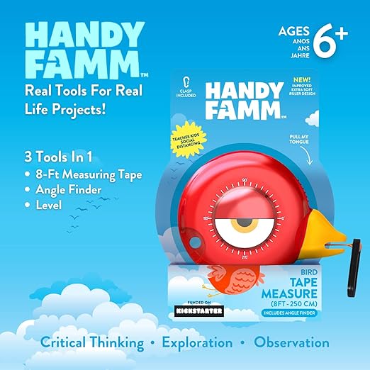 Handy Famm 8Ft Animal Shaped Kids Tape Measurer, Fun Level and Protractor Angle Finder, Educational Children's Tools, Small Measuring Tapes for Learning Early Math Skills, Ages 3 and up, Red Bird