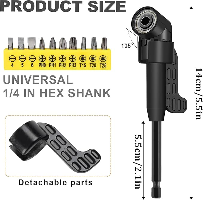17pcs Flexible Drill Bit Extension, Include 3pcs Impact Socket Adapter 2pcs Hex Shank 105° Right Angle Drill Attachment 10 Short Screwdriver Bits Bendable Drill Bit Extension and 90° Angled Bits