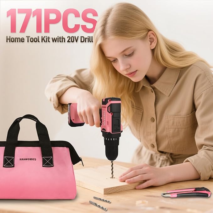 COMOWARE 171Pcs Pink Home Tool Kit with Drill, 20V Cordless Power Drill Combo Set, Complete Household Repair Tools for Men & Women in Garden, Office, DIY Projects