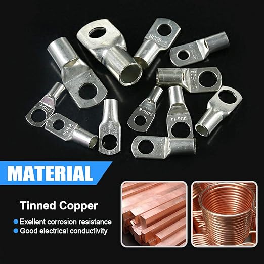 Glarks 105Pcs 12 Type Heavy Duty Wire Lugs Battery Cable Tinned Copper Eyelets Tubular SC Ring Terminals Connectors with Spy Hole Assortment Kit