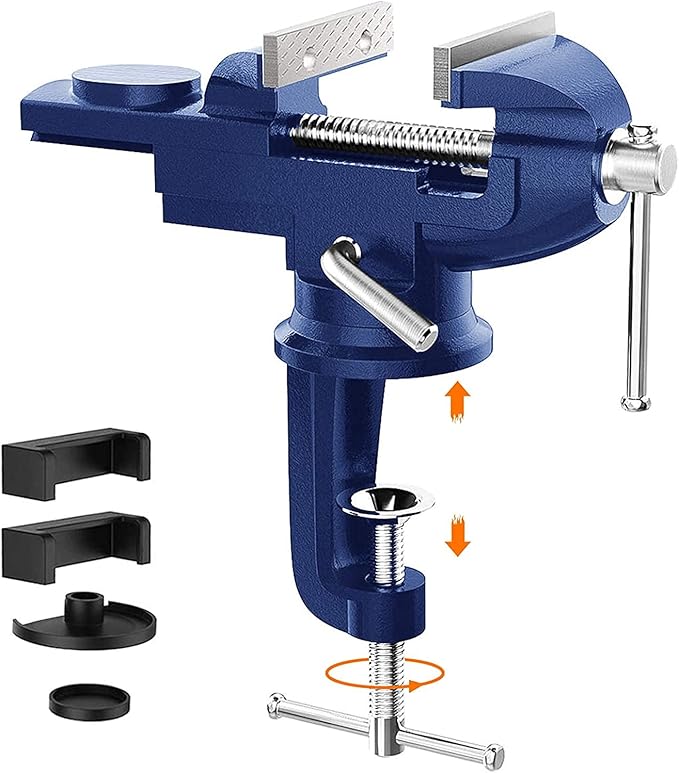 Portable Vise Clamp On Vice for Workbench- 3 Inch Rotate 360°Bench Clamp Swivel Base for Drilling Metalworking Woodworking, Cutting Conduit, Blue