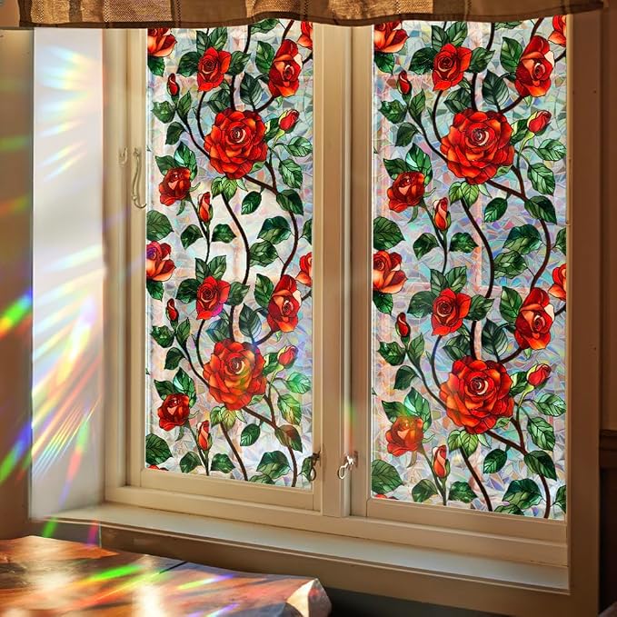 Retro Flower Window Privacy Film, Stained Glass Decals Chinese Red Rose Privacy - Image 2