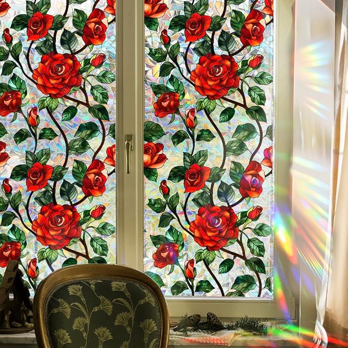 Retro Flower Window Privacy Film, Stained Glass Decals Chinese Red Rose Privacy - Image 4