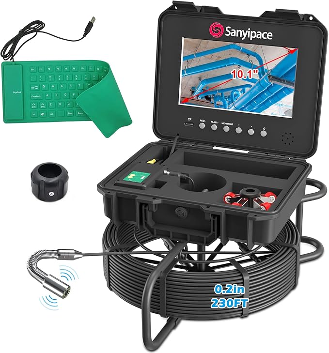 Sanyipace Sewer Camera 230FT/70M with 512Hz Transmitter, Self-Leveling, Distance Counter, Plumbing Pipe Inspection Camera with Mic Speaker DVR Recorder, 16GB TF Card, 5mm Cable, Roller Guide Wheel