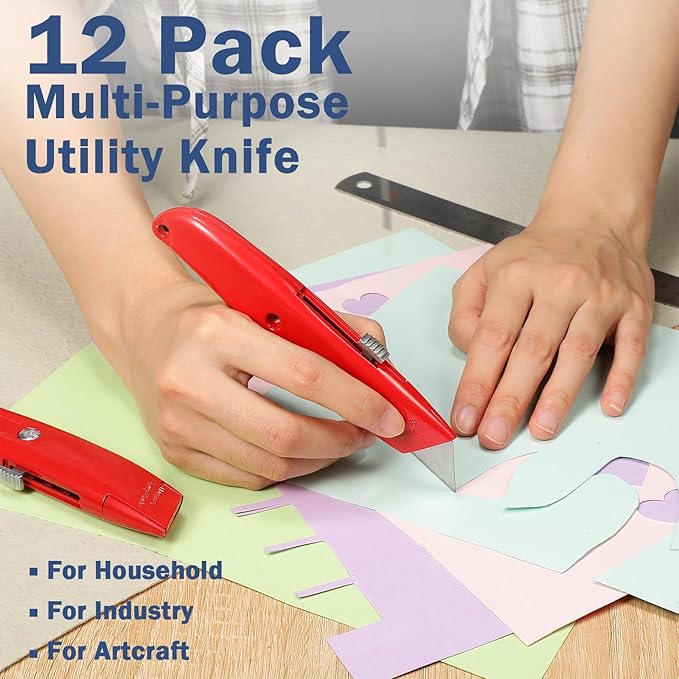Lasnten 12 Pcs Box Cutter Bulk Retractable Utility Knife Heavy Duty Aluminum Alloy Carpet Knife Package Opener Cutter Blade for Cardboard Plastics Cartons DIY Home Warehouse Office(Red)