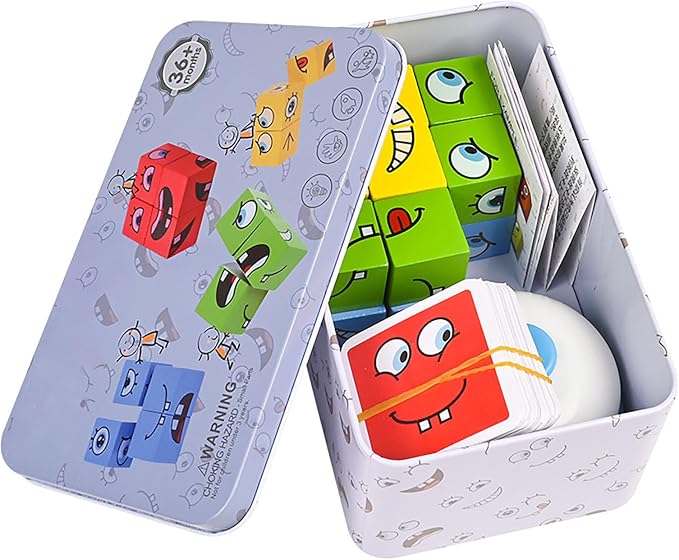 Large Wooden Face Expression Puzzle Building Cubes Manipulatives Face Changing by Unknown