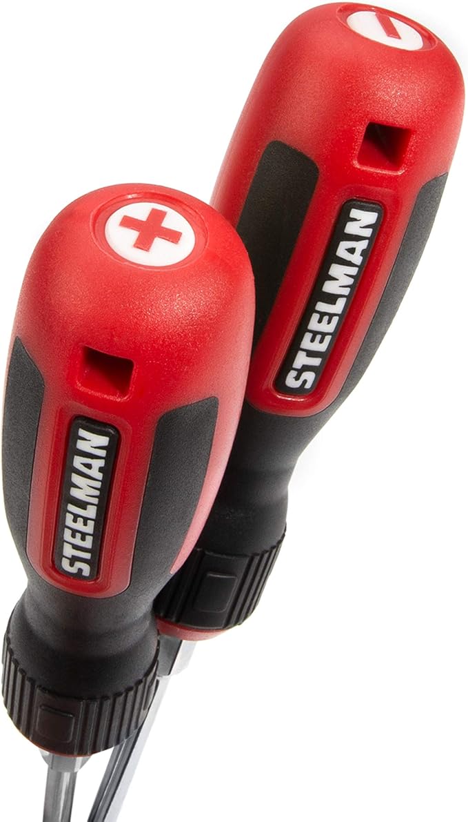 STEELMAN Comfort Grip Screwdriver Set, 15 of the Most Common Phillips, Slotted, and Precision Sizes, Magnetic Tips, 5 Largest Screwdrivers Feature Hex Bolsters