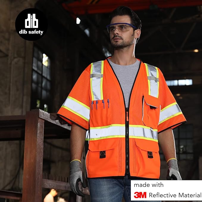 Dib Safety Reflective Mesh Vest ANSI Class 3, High Visibility with Pockets and Zipper, Made with 3M Reflective Tape, Orange L