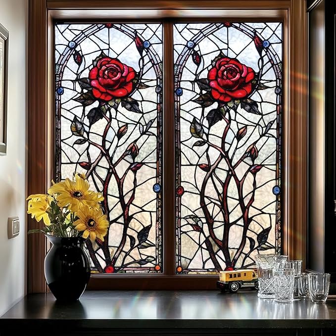 Gothic Rose Stained Glass Window Film 17.71x39.97 Inch Red Flower Static Cling - Image 7