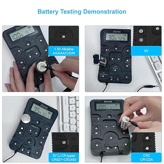 Dlyfull Battery Tester, LCD Display Universal Battery Checker for Ni-MH, Ni-CD, Li-ion, Alk & LiFe04 Batteries(AA AAA C D 9V 12V 18650 CR123A 2CR5 CR2032 Cells), 2X AAA Batteries Included