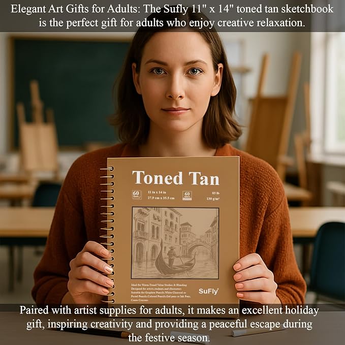 SuFly Toned Paper Sketch Book, 11x14 Inches, 60 Sheets - 90lb/150gsm Toned Tan - Image 8