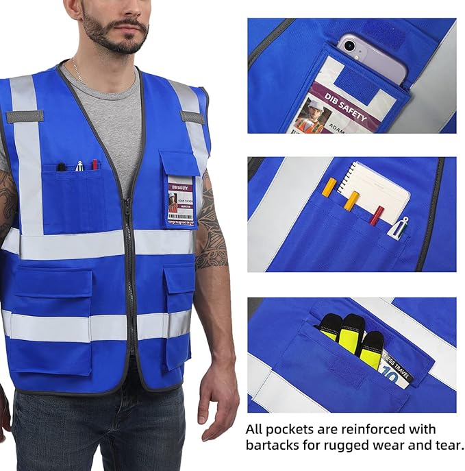 Dib Safety Reflective Vest High Visibility with Pockets and Zipper, Blue S