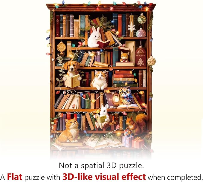 Animal Cozy Bookshelf Puzzles Adults Gifts Wooden 200 Pieces 13.4 * 8.5in - Image 9
