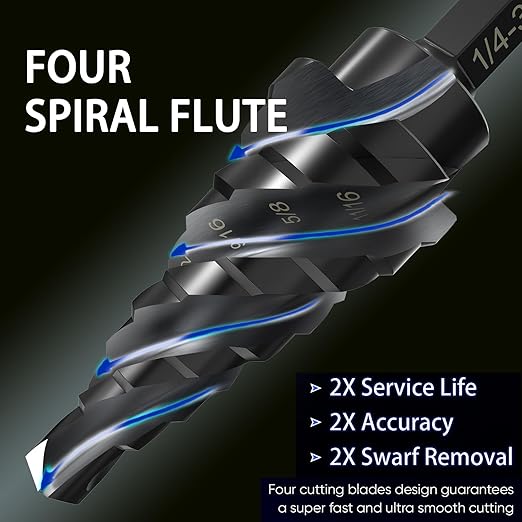 M35 Cobalt Step Drill Bit - 1/4" to 3/4"(9 Sizes)- Unibit Four Spiral Flute - 1/4" Hex Shank - Metal Drilling Bit: High Strength,Durability, Efficient