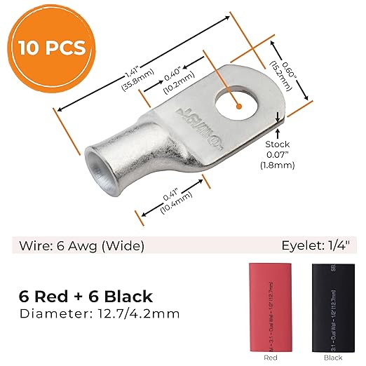 SELTERM 10pcs - 6 Awg 1/4" Stud (Wide) Battery Lugs - Ring Terminal Connectors with 12pcs 3:1 Black & Red Heat Shrink Tubing with Adhesive, Heavy Duty Battery Cable Ends - Tinned Copper Wire Lugs Kit