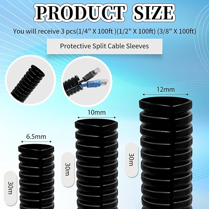 Split Loom Wire 1/4" X 100ft, 1/2" X 100ft, 3/8" X 100ft Electric Wires Covers Flexible Wire Loom Tubing Dog Cat Cord Protector Split Cable Sleeves (100ft)