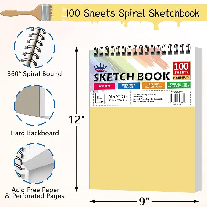 WINNER 9" x 12" Sketch Book 4 Pack, 400 Sheets Spiral Bound Art Sketchbook - Image 2