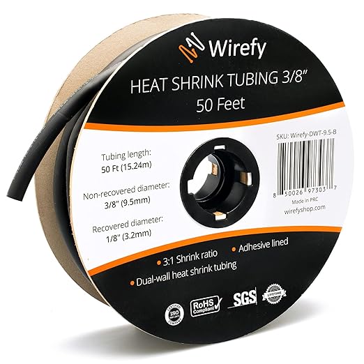 Wirefy 3/8" Heat Shrink Tubing - 3:1 Ratio - Adhesive Lined - Marine Grade Heat Shrink - Black - 50 Feet Roll
