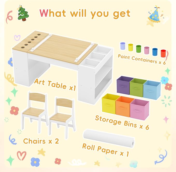 Kids Art Table and 2 Chairs Set, Wooden Craft Desk - Image 9