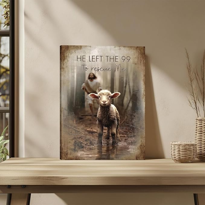 Framed Jesus Saves the Lost Lambs Canvas Wall Art Jesus Leaves 99 Sheep Picture - Image 2