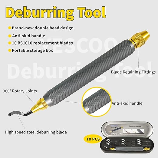 Deburring Tool with 10 Extra High Speed Steel Swivel Blades,Deburring Tool 3D Printing Double Head Anti Skid Handle, Which Can be Rotated or Fixed 360 Degrees,for Metal, Resin, Copper, Plastic