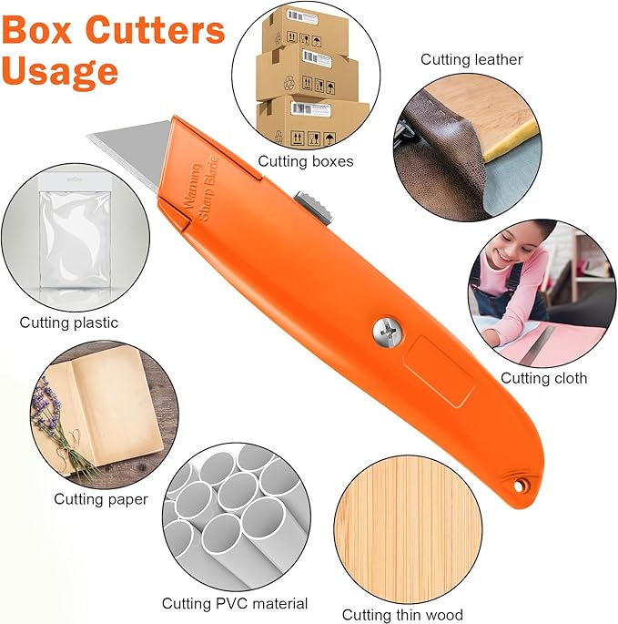 Reginary 20 Pcs Box Cutter Bulk Retractable Utility Knife Heavy Duty Aluminum Alloy Razor Knife for Cardboard Box Carton Opener for DIY, Factory, Home Office(Orange)