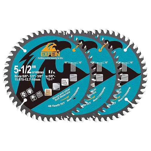 5-1/2 Inch Miter/Table Saw Blades 3pcs, 48 Teeth ATB TCT Fine Finish Wood Cutting Circular Saw Blade with 5/8 Inch Arbor