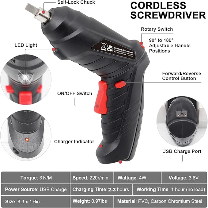 Cordless Electric Screwdriver, 3.6V Rechargeable Power Screwdriver with 47 pcs Accessories, usb charging, 3Nm Screw Gun, mini Carrying screwdriver set with LED Light for Electric Power Drill