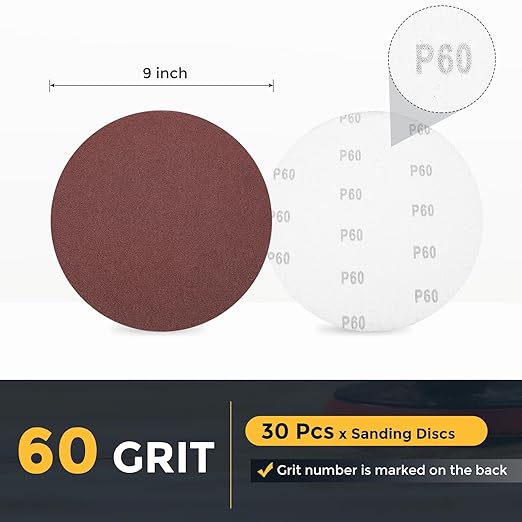 HARFINGTON 30 Pcs 9 Inch Sanding Disc 60 Grit Hook and Loop Sandpaper Random Orbital Sander Pads for Woodworking Automotive Metal Polishing