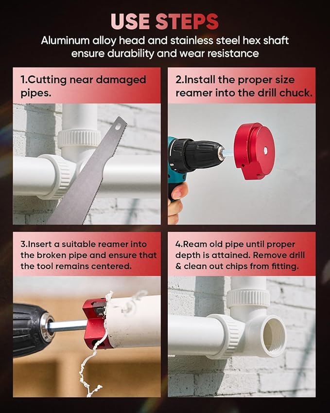 Saker PVC Pipe Reamer Kit, PVC Fitting Saver with 3/4inch, 1 inch, 1-1/4inch,1-1/2inch, 2inch,3inch,4inch Head, For SCH40, ABS Pipe,CPVC Perfect for Plumbing Repairs, Fits Standard 1/2" Drill
