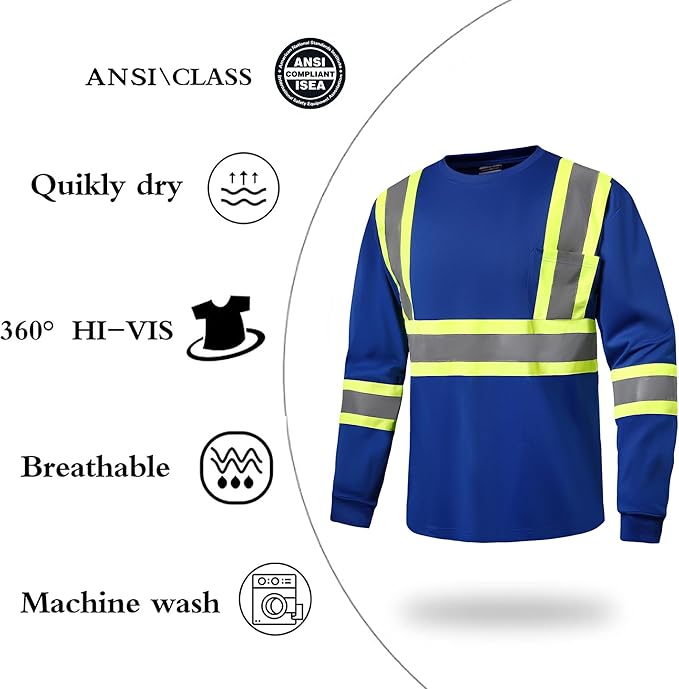 Hi Vis Safety Long Sleeve Shirts，High Visibility Class 3 T Shirts with Reflective Strips and Pocket, Quick Dry Mesh Construction Work Shirt for Men/Women (Blue,5XL)
