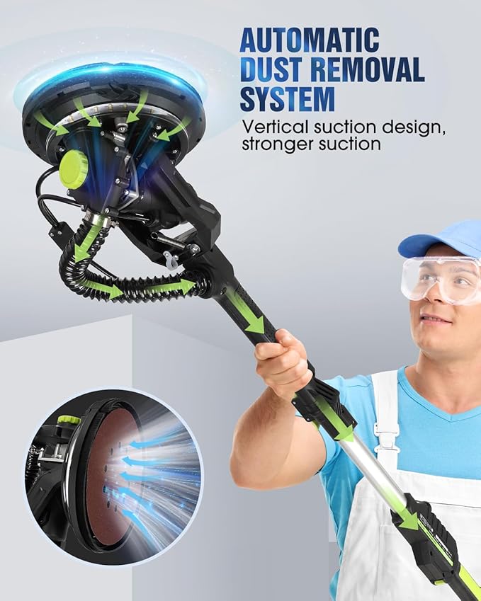 Drywall Sander, 7.2A Electric Drywall Sander with Vacuum Dust Collection, LED Light, 6 Variable Speed Digital Display 900-1800RPM, Foldable & Extendable Handle, 9 Sanding Discs&3 Grid Sandpaper