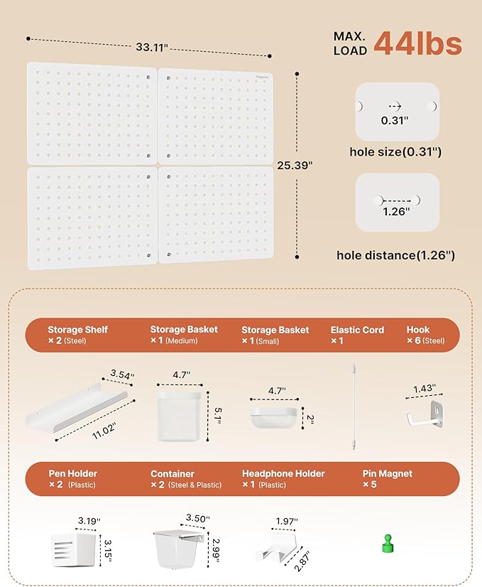 Pegboard Wall Organizer Combination Kit,Overall 33.1"x25.4" Metal Office Pegboard with 21 Accessories, Wall Mounted Peg board Display Panels for Home, Gaming Room, Garage (4Pcs,White)