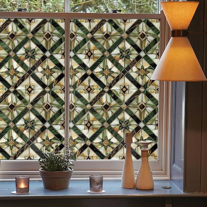 Boho Golden Vintage Geometric Dark Green Ethnic Stained Glass Window Films - Image 3