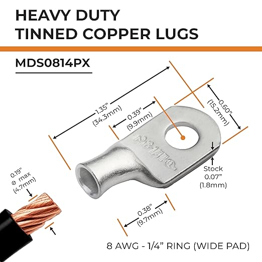 SELTERM 10pcs 8 AWG-1/4 Stud (Wide Pad) Tinned Copper Wire Lugs,Heavy Duty Battery Cable Ends,8 Gauge Ring Terminals,UL Battery Lugs Marine Grade Copper Eyelets Electrical Battery Terminal Connectors