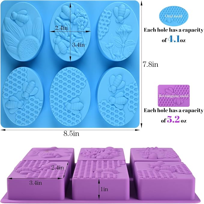Sakolla 2 Pack 6 Cavity Bee Silicone Soap Molds Rectangle Oval Honeycomb - Image 2