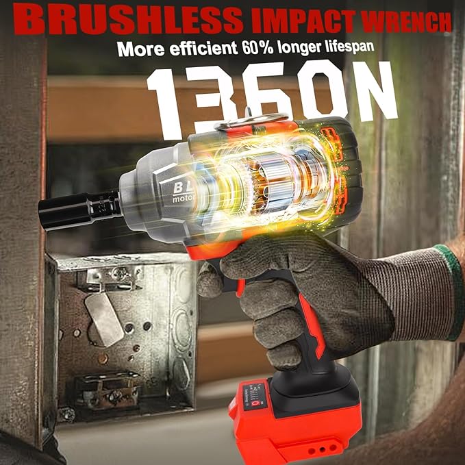 Cordless Impact Wrench 1/2" for Milwaukee 18V Battery, Impact Wrench 1000FT-LBS(1360N.m) High Torque Brushless Electric Impact, with 4 Modes Power Impact Driver for Car, Truck, Mower (No Battery)