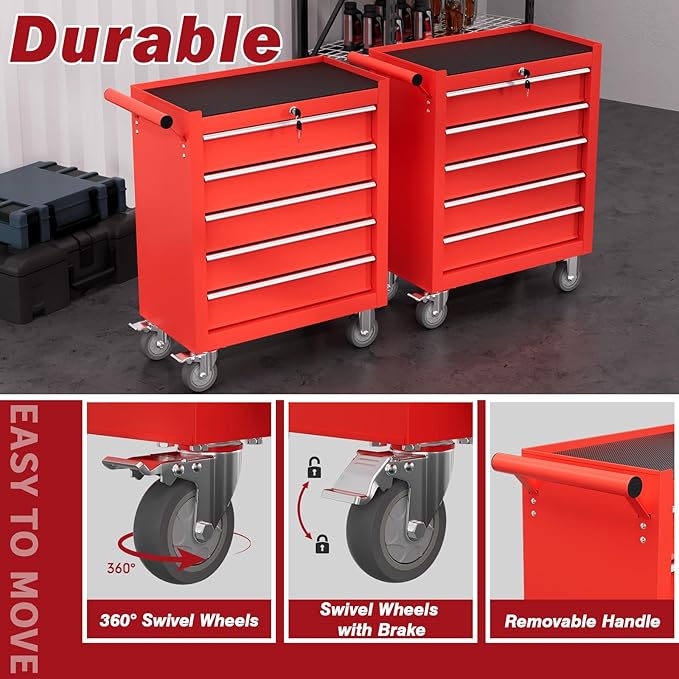 Rolling Tool Chest with Drawers, 5 Drawers Tool Chests & Cabinets, Metal Toolbox with Wheels, Lockable Storage Cabinet, Garage Tool Box with Drawers (Red, 5 Drawers)