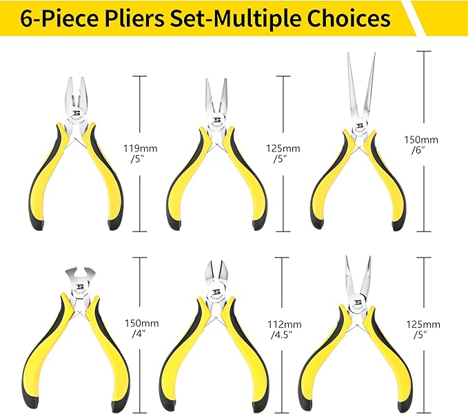 BOSI TOOLS 6-piece Mini Pliers Set, Needle Nose Pliers, Diagonal Pliers, Long Nose Pliers, Bent Nose Pliers, End Cutters and Linesman Pliers, with Storage Pouch Making Craft Electronic Repair