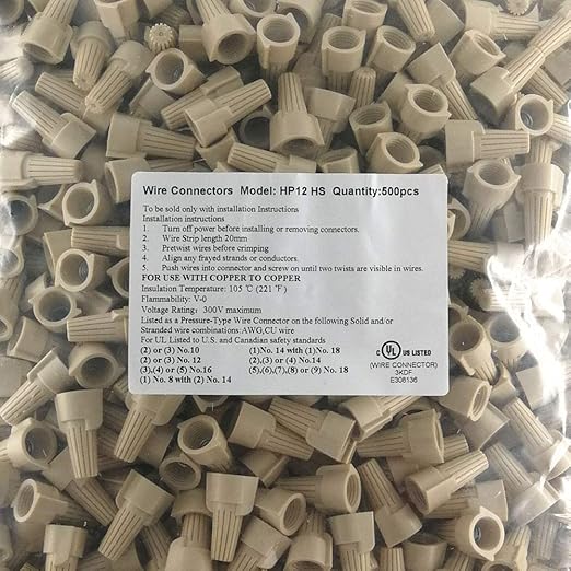 UL Listed Tan Winged Electrical Wire End Connectors Caps Bulk 500 Pack Small Twist-on Wire Connectors Nuts 22-8 AWG,HS P12 Type Screw Terminals