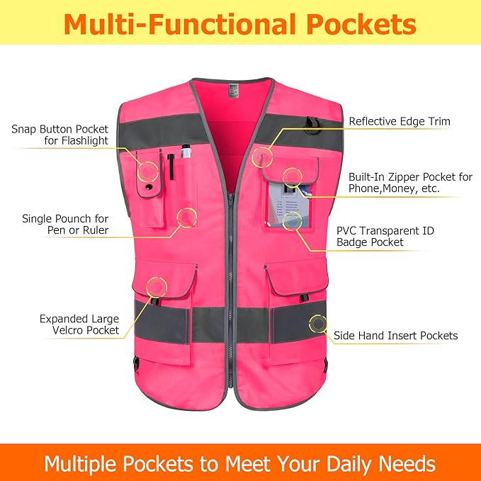 TCCFCCT High Visibility Vest 9 Pockets Hi Vis Reflective Safety Vest for Men Women, Construction Vest with Reinforced Sewing, Durable to Use, Meets ANSI/ISEA Standards, (Pink, 4X-Large)